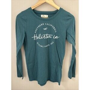 Hollister Women’s Medium Teal Long Sleeve T-Shirt Embroidered Logo Y2K Style